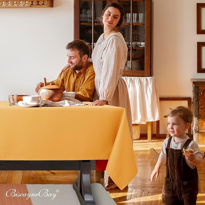 Biscaynebay Fall Tablecloth Textured Fabric 60x108 Inch Rectangular, Fall Gold Thanksgiving Autumn Harvest Water Resistant Fabric Tablecloths for Kitchen, Dining, Wedding, Parties Machine Washable