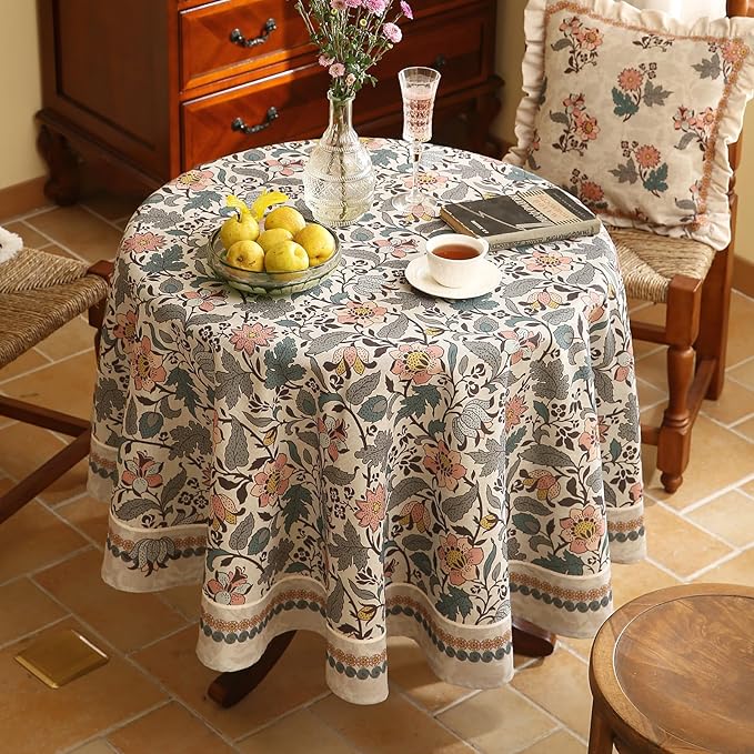 ISAENNE Designer Boho Floral Small Round Tablecloth,Linen Lotus Flower Pattern Colorful Table Cloth,Durable Decor Tablecloths for Dining Thanksgiving Kitchen Christmas,Diameter 55"-Hazel A