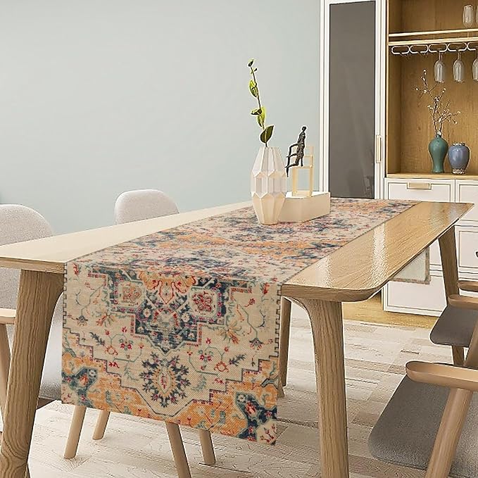 Bohemia Orange Table Runner, Rustic Farmhouse Vintage Geometric Floral Print Table Cover for Home Kitchen Dining Table Party Decor, 13x70inch