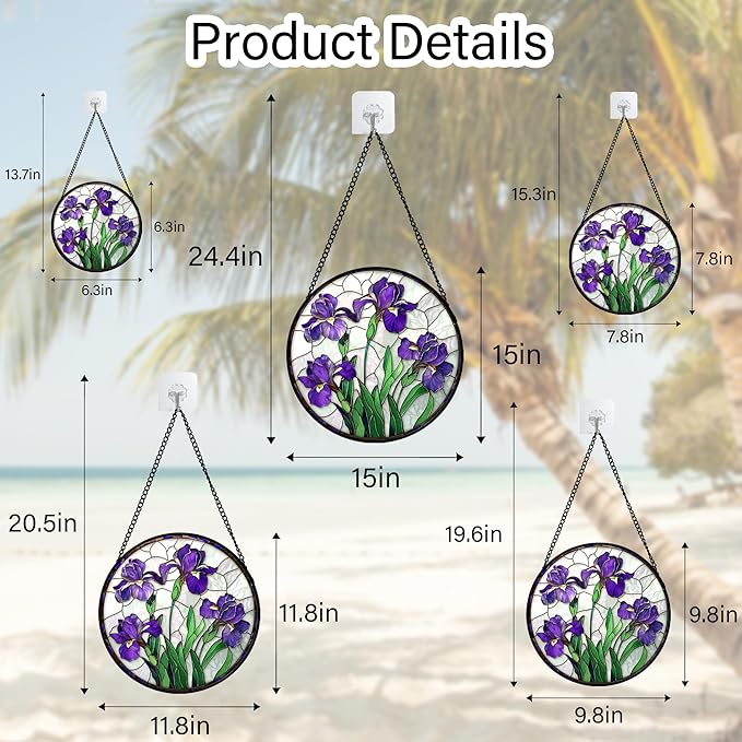 Stained Glass Window Hanging - Purple Iris Flower Sun Catcher for Door Terrace Garden Home Decor, Green Plants Suncatcher Birthday Gifts for Lovers Women Men Dad Mom Nana 11.8 in