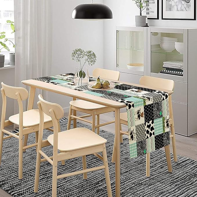 Cute Cow Print Table Runner,Farm Animals Honeycomb Plaid Stripes Cowhide Pattern Tablecloth Burlap for Hotel Indoors Outdoor Dining Room Kitchen Table Decor, 13x36in