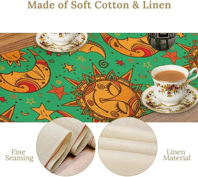 Boho Moon Table Runner, Phase of The Moon Star Sun Cartoon Pattern Table Runner for Kitchen Living Room Home Party 13x90 Inch