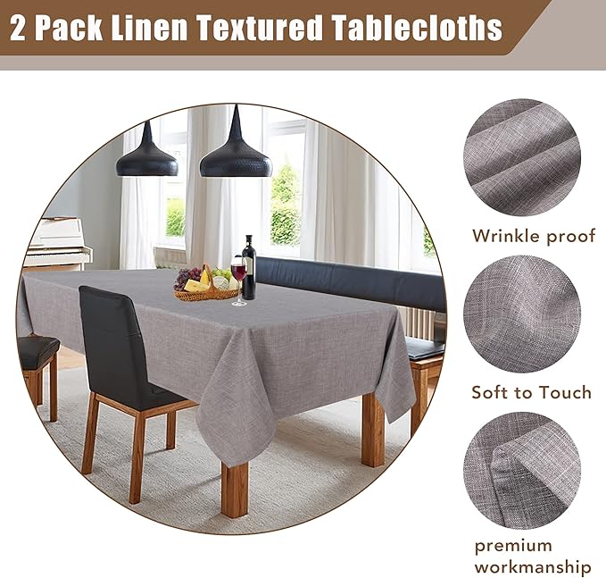 Fitable Faux Linen Tablecloths 60 x 84 Inch - 2 Pack Neutral Table Clothes for Rectangle Foot Tables, Stone Flax Look Kitchen Table Covers for Farmhouse, Dining, Party, Outdoor Picnic