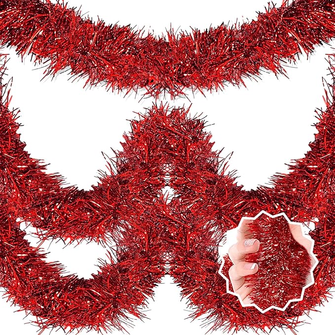 25 Feet Red Christmas Tinsel Garland, Metallic Foil Twist Banner Wall Hanging Tinsel Streamers Backdrop for Parade Floats, Christmas, Mother's Day, Birthday Party Decorations(4in x 25ft)
