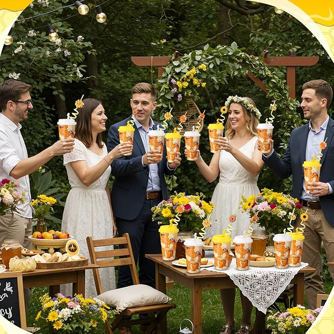 Yungyan 16 Sets Honey Bee Party Favors Goodie Cups with Lids and Straws for Birthday Decorations Reusable 16oz Plastic Candy Cups Plastic Straws for Birthday Party(Bee)