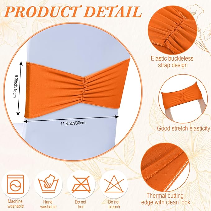 Moukeren 100 Pcs Spandex Chair Sashes Bows Bands Slider Sashes for Chair Covers Elastic Bands Ties Ribbon Decorations for Wedding Party Events Ceremony Birthday Banquet(Orange)