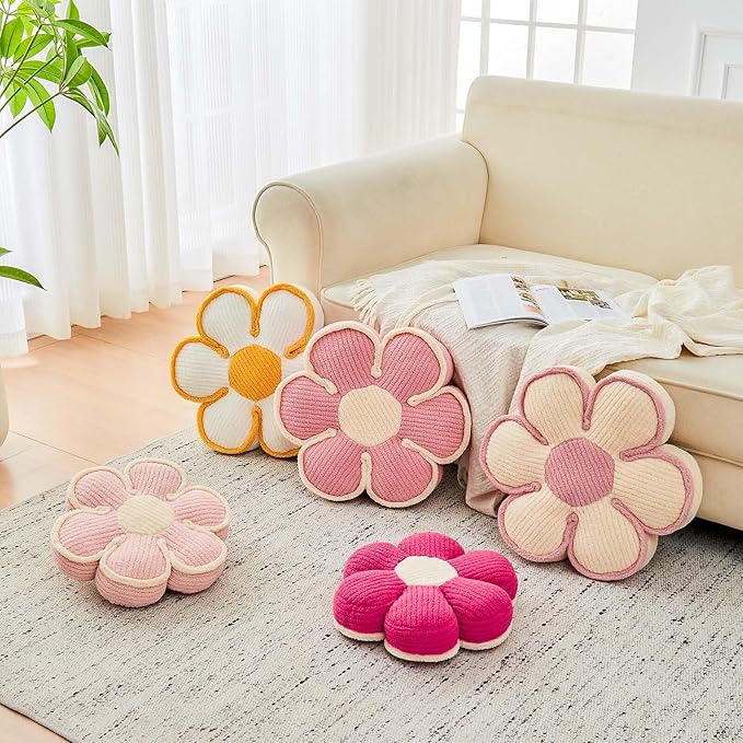 Flower Pillow, Soft Flower Decorative Throw Pillow, Cute Daisy Flower Shaped Seating Floor Cushion Room Décor Plush Pillows for Sofa Couch Bed (17.7 Inch, Hot Pink)