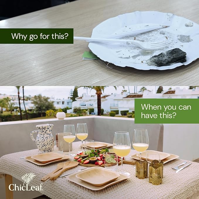 Chic Leaf Square Palm Leaf Tableware - 10" & 7", Pack of 24 - Durable Bamboo Disposable Dinnerware - Eco-Friendly Compostable Plates - Versatile Party & Appetizer Plates
