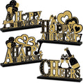 4 Pieces Anniversary Decorations Wooden Table Centerpieces, Black Gold Happy Wedding Anniversary Table Sign Party Supplies, 10th 20th 30th 40th 50th 60th Anniversary Table Decor for Indoor Outdoor