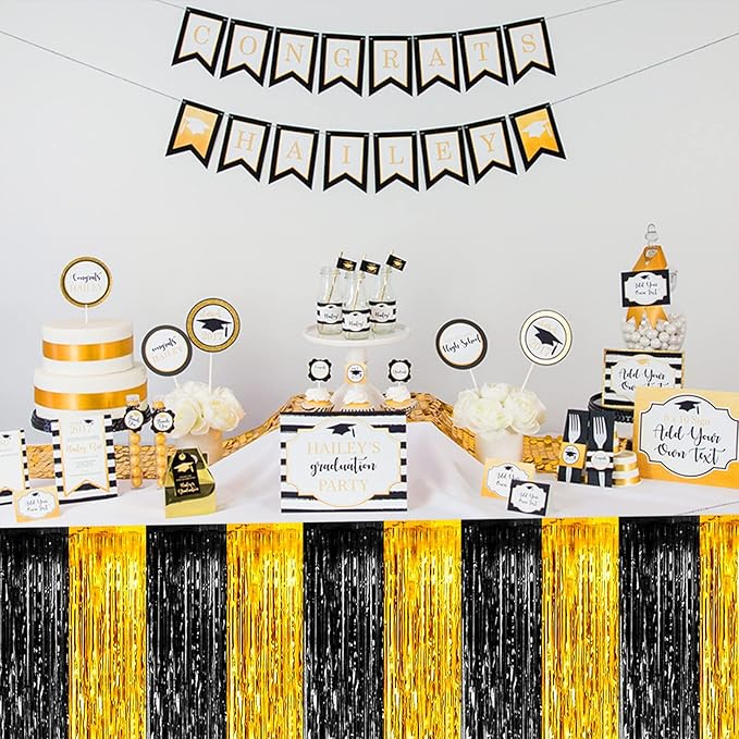 4 Pack 29x108 Inch Metallic Foil Fringe Tinsel Table Skirts for Rectangle Tables Streamer Backdrop for Wedding, Birthday, Parade Floats, Christmas, Halloween Party Decoration(Black Gold)