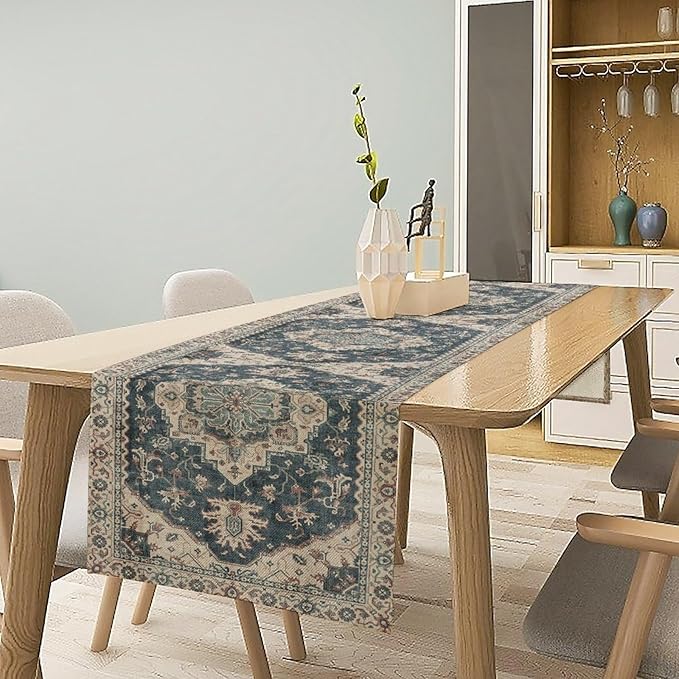Boho Bohemia Style Table Runner, Vintage Blue Retro Flower Rustic Country Style Floral Print Pattern for Home Kitchen Table Decor Dining Coffee Room Garden Party Decor 13x60in