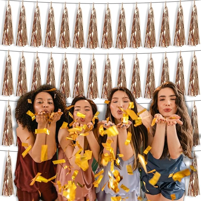 4P Champagne Gold Foil Fringe Tassel Banner Garland Metallic Tinsel Streamers Wall Hanging Curtain Backdrop Banner for Parade Floats, 2024 Graduation Decorations, Wedding Party Decoration