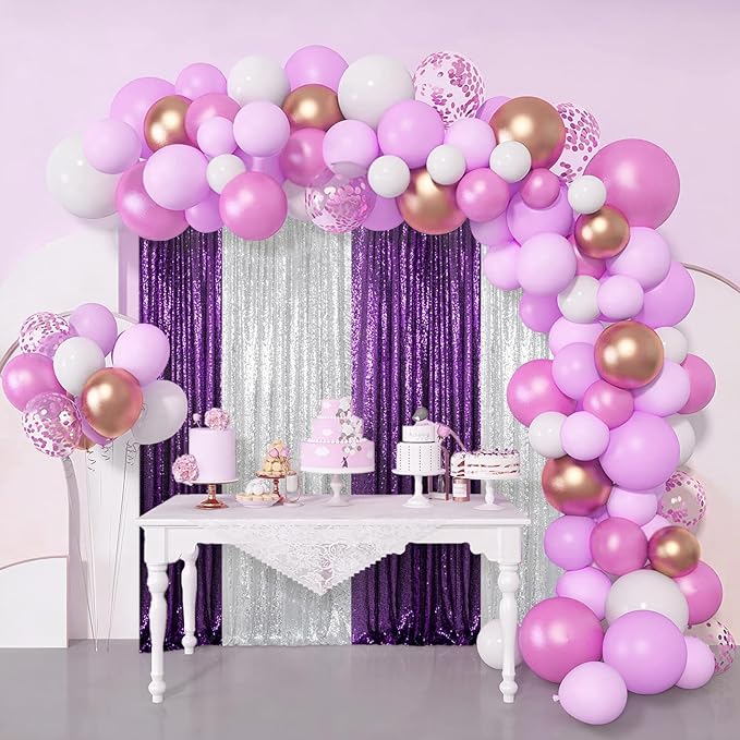 ShinyBeauty Purple and Silver Sequin Backdrop Curtains, 4 Panels 2FTx8FT, Photograph Backdrop Sparkle Backdrop Luxurious Wedding Birthday Background Drapes