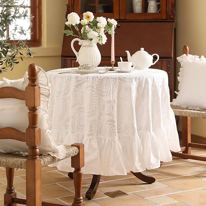 patdrea Vintage Ruffle Tablecloth for Round Tables,Farmhouse Embroidered Cotton White Lace Table Cloth Cover Decor for Dining Room Wedding Banquet Thanksgiving Christmas,Dimaeter 67"