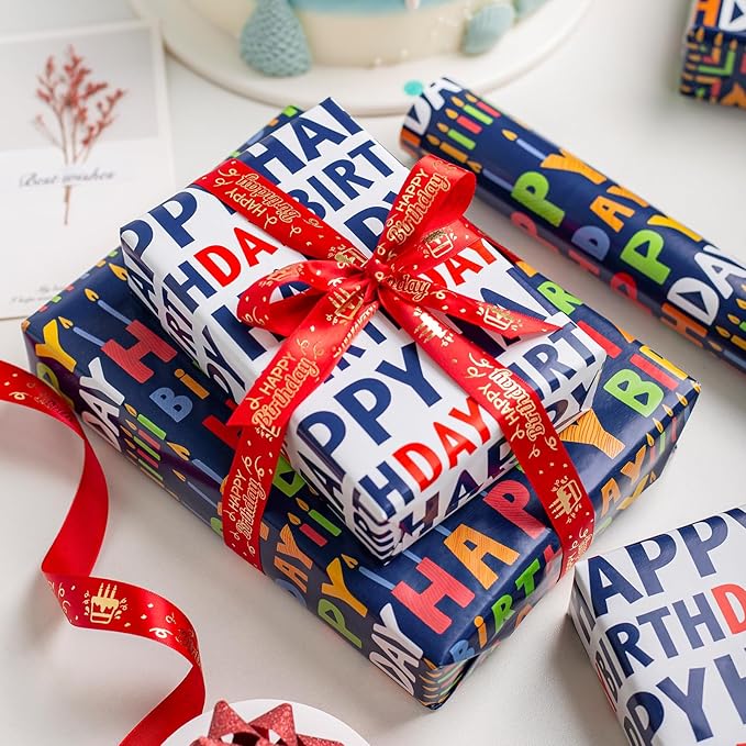 Yarcony Reversible Birthday Wrapping Paper Roll - 17 Inch X 33 Ft(46.8 Sq.Ft.Ttl) - Creative Colorful Happy Birthday Lettering & Candle Navy Blue Gift Wrap for Party, Baby Shower & Holiday