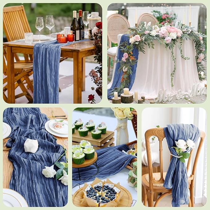 Asee'm 4pcs Cheesecloth Table Runner 120 Inches Long Blue Boho Gauze Cheese Cloth Runner 10FT Rustic Sheer Table Runners for Christmas Wedding Party Baby Shower Spring Easter Decoration