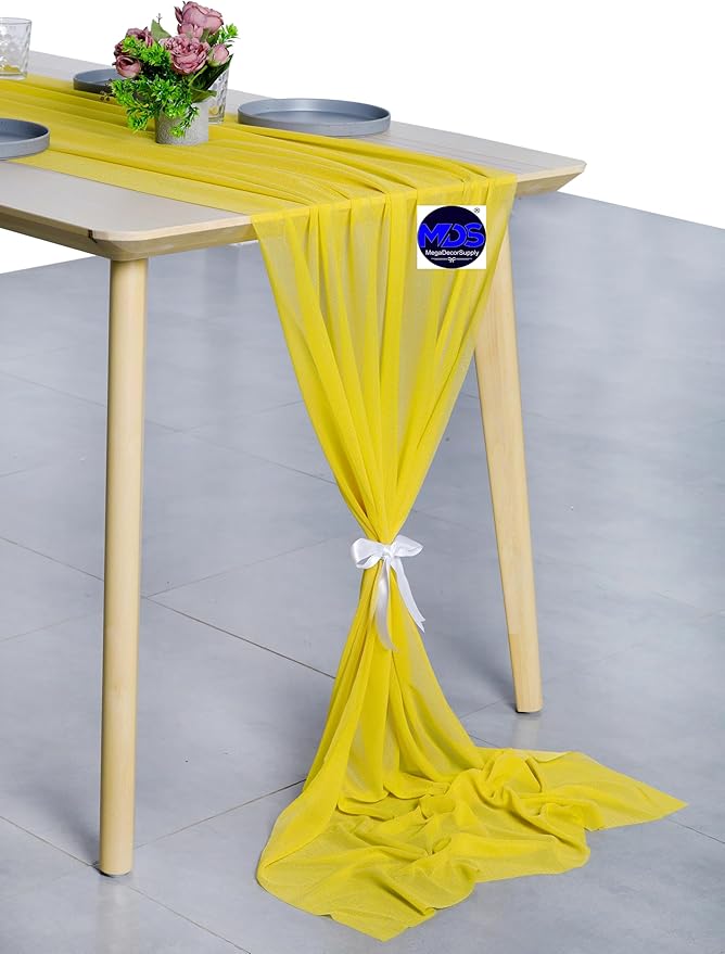 MDS 2 Pack 10ft Chiffon Table Runner 29 x 120 Inches Sheer Wedding Runner Romantic Rustic Table Runner for Wedding Decorations, Birthday Parties, Bridal Shower Party Arch Decor - Yellow