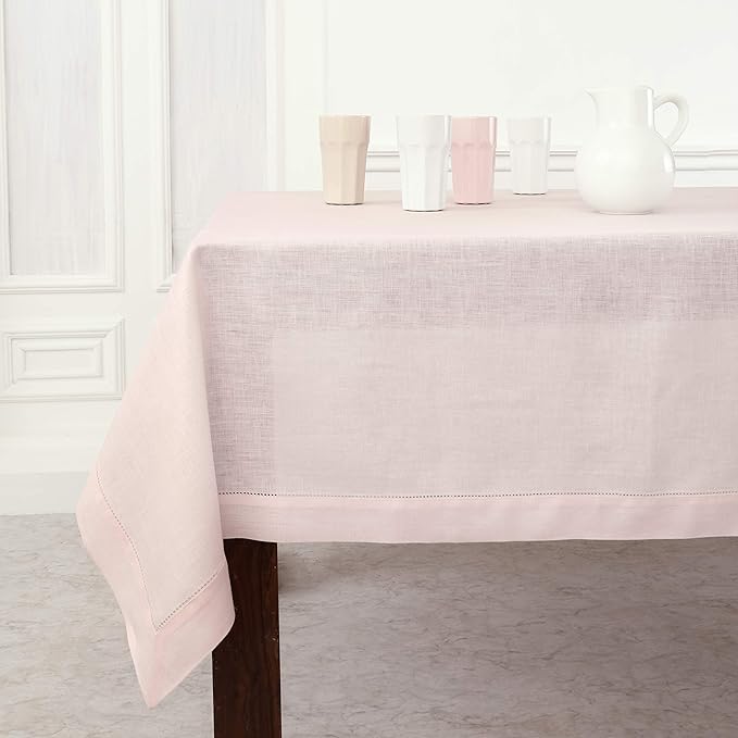 Solino Home Pink Linen Tablecloth 52 x 52 Inch - 100% Pure Linen Square Table Throw - Classic Hemstitch, Machine Washable Table Cloth for Halloween