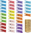 Mini Natural Wooden Clothespins with Jute Twine, 250pcs, 1 Inch Photo Paper Peg Pin Craft Clips with 66ft Natural Twine for Scrapbooking, Arts & Crafts, Hanging Photos (10 Colors)