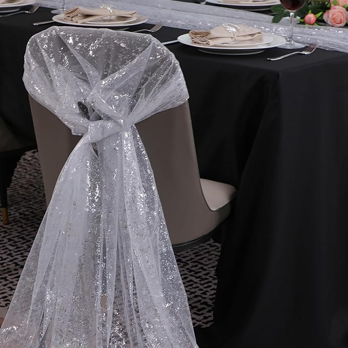 Snowkingdom 3 Pcs 10 FT Silver Cheesecloth Table Runner, 120 Inch Sheer Chiffon Gauze Runner, Sequin Glitter Silver Table Decoration Centerpieces for Wedding Birthday Christmas Bridal Baby Shower