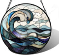 Stained Glass Window Hanging, Ocean Waves Sun Catchers Diamond Glass Panel Hangings Abstract Suncatcher Decor for Birthday for Women, Men, Wife, Aunt, and Mom 9.8 in