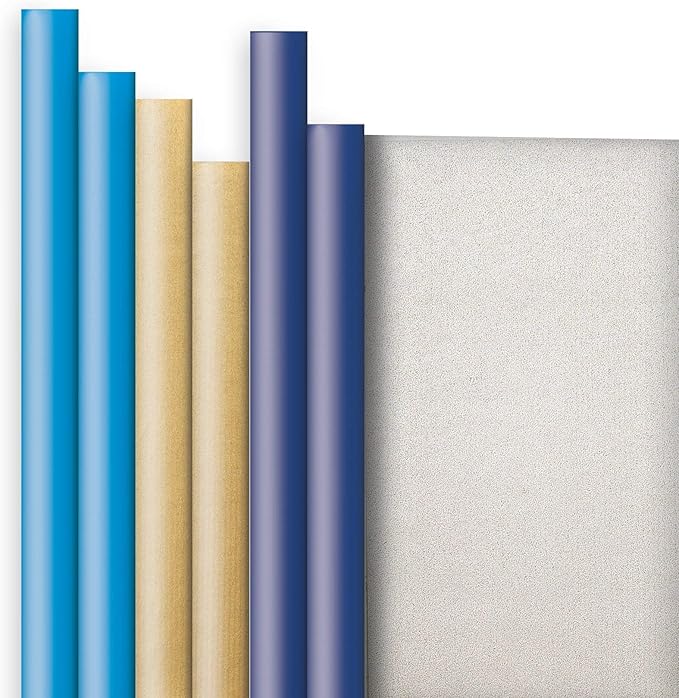 Jillson Roberts 6 Roll-Count Solid Color Hanukkah Gift Wrap Available in 2 Different Assortments, Double-Sided Kraft Blue and Gold/Silver and Gold/Royal and Silver