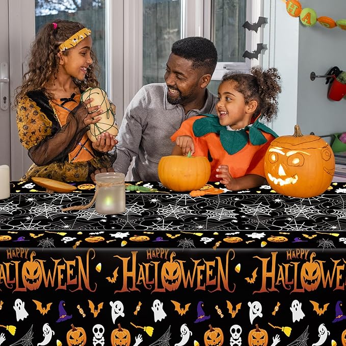 QZYL 12 Pack Halloween Plastic Tablecloth, 54" x 108" Pumpkin Decorations, Spider Webs Pumpkin Design Disposable Table Cloth Tablecover, Halloween Party Decor Dinnerware Indoor