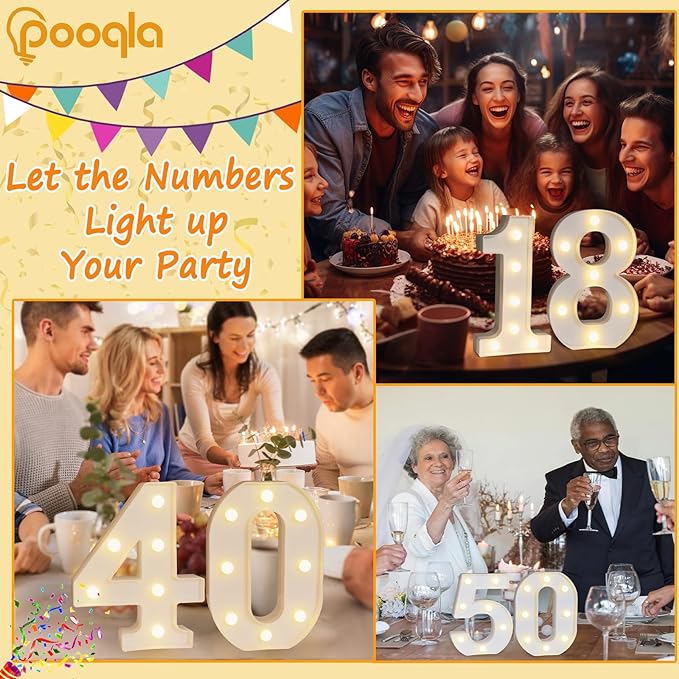 Pooqla Decorative LED Light Up Number Letters, White Plastic Marquee Number Lights Sign for 91th Birthday Party Wedding Decor, Battery Operated