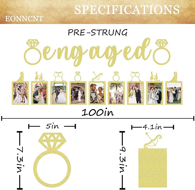 Pre-Strung Engaged Photo Banner - Gold Glitter Engagement Party Decoration Supplies with Romantic Memories Picture Card Frames for Bachelorette, Bridal Shower, Wedding Party Photo Booth Props