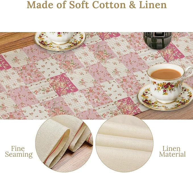 Patchwork Table Runner, Boho Vintage Pink Wildflowers Bohemian Paisley Flower Farmhouse Table Center Decor for Home Kitchen Dining Patio Holiday Party Indoor Outdoor Table Decorations, 13"x108" Inch