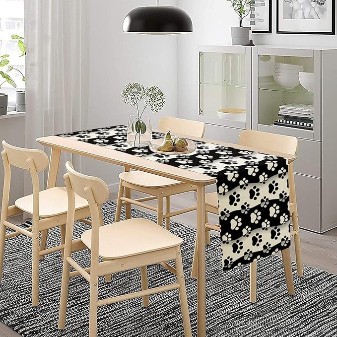 Dog Paw Table Runner,Kid Cute Animal Footprint Black White Theme Design Print Tablecloth Burlap for Hotel Indoors Outdoor Dining Room Kitchen Home Decor,W13X L80 in