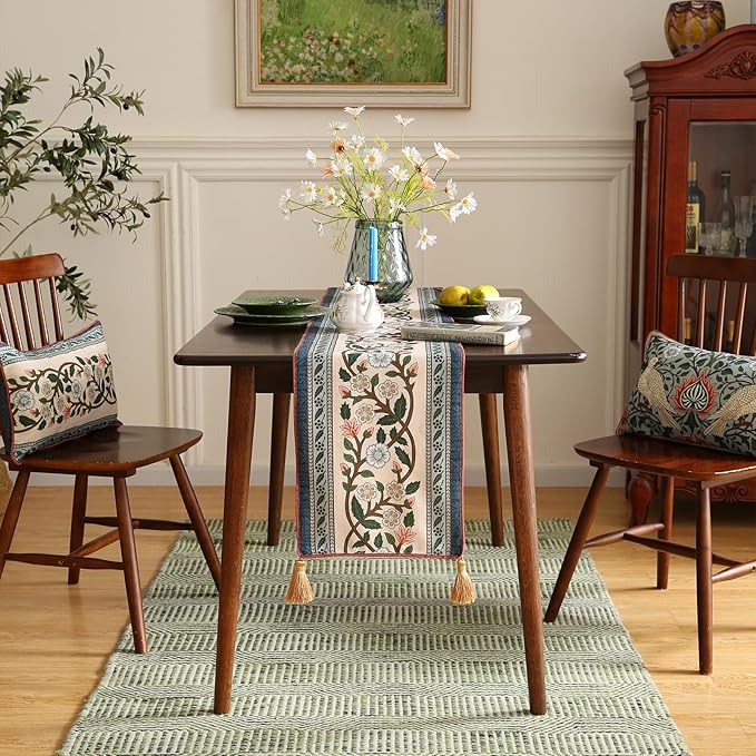 ISAENNE Designer Vintage Elegant Linen Extra Long Table Runner 118 Inches,Colorful Flower Pattern Soft Table Runners for Dining Tables,Thanksgiving,Kitchen Tables,Christmas,12"*118"-Naples C