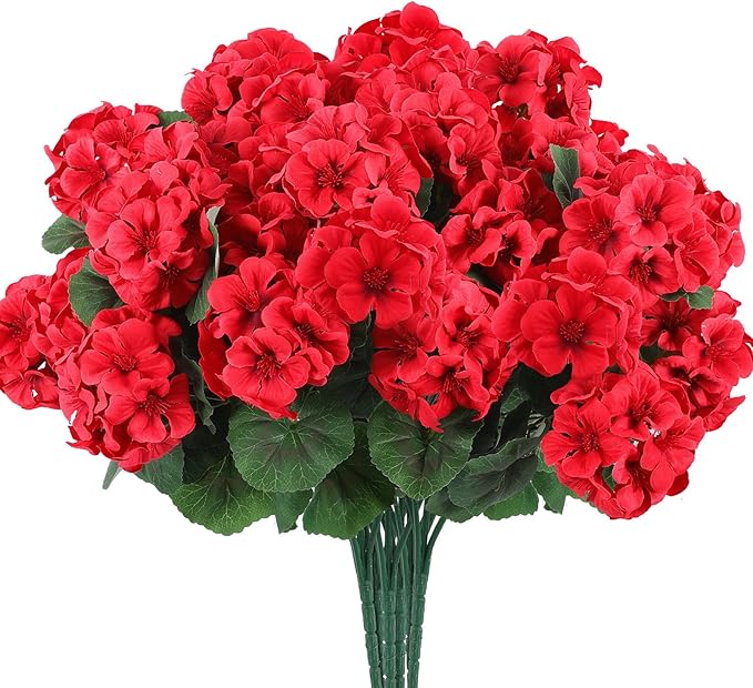 Hananona 12 Pcs Artificial Geranium Flowers for Outdoors Geranium Silk Red Flowers Outdoor UV Resistant Garden Plants Faux Flower for Christmas Home Kitchen Table Centerpieces Decor (12, Red)