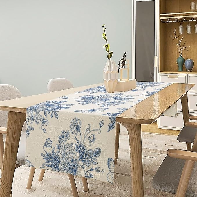 Monochrome Sketch Flowers Table Runner, Seasonal Spring Fall Plants Blue Florals Butterfly Dinner Runner for Home Kitchen Dining Table Party Holiday Decoration 13"x90"