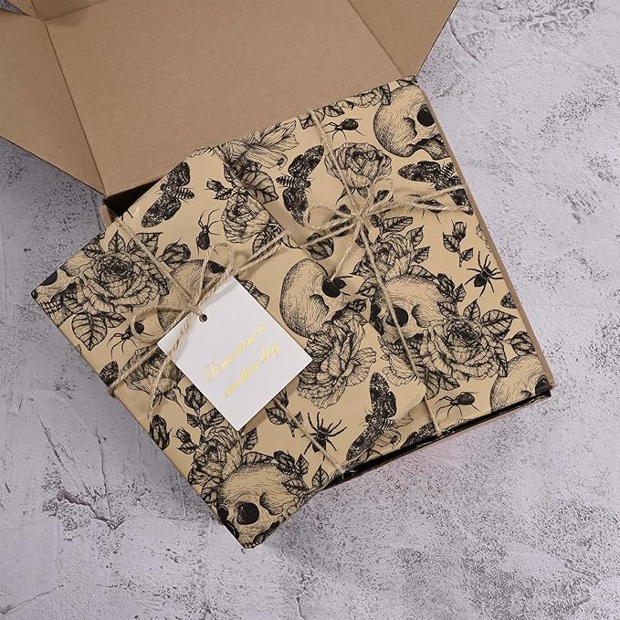 100 Sheets 20 * 14 Inches Vintage Halloween Tissue Paper Kraft Gothic Floral Skull Moth Spider Printed Tissue Paper for Gift Wrapping Spooky Decorative Tissue for Halloween Party DIY Craft Supplies