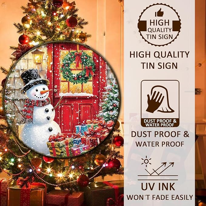 Round Wall Decor Christmas Metal Tin Sign Snowman Sign Rustic Wall Decor Wall Plaque Snowman Wreath Sign for Christmas Round Wreath Wall Decor Vintage Garage Yard Home Decor 8 * 8 in