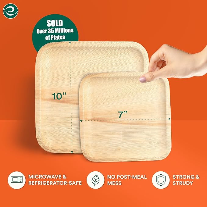ECO SOUL Compostable 7 & 10 Inch Palm Leaf Square Plates (200 Count) Like Bamboo Plates | Biodegradable | Eco-Friendly, Microwave & Oven Safe - Party Pack