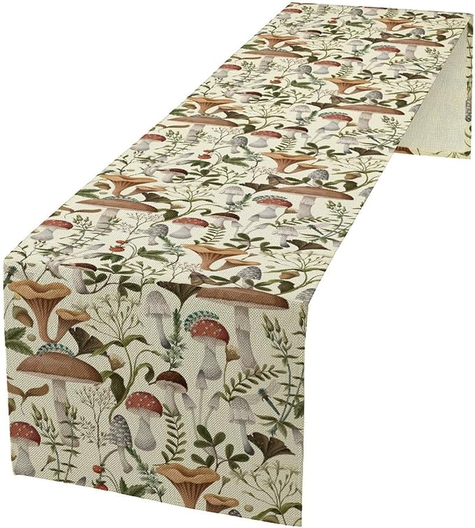Mushroom Table Runner,Vintage Forest Flower Plant Print Table Runner for Kitchen Dining Table Home Party Decoration 13x60 Inch
