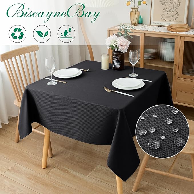 Biscaynebay Textured Fabric Square Tablecloths 60x60 Inch, Black Water Resistant Spill Proof Table Cloth Small Card Folding Table Covers for Dining, Kitchen, Wedding and Parties, Machine Washable