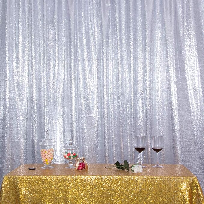 SquarePie Sequin Backdrop Non-Transparent Sparkly Background for Wedding Party 4FT x 7FT Silver