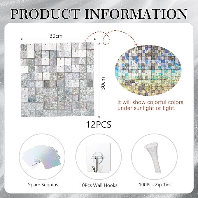 24PCS Silver Shimmer Wall Backdrop, Laser Square Sequin Photo Backdrops Panel, Glitter Wall Background for Birthdays, Weddings, Christmas, Engagements, Disco Bachelorette Party Decoration (4FTx6FT)