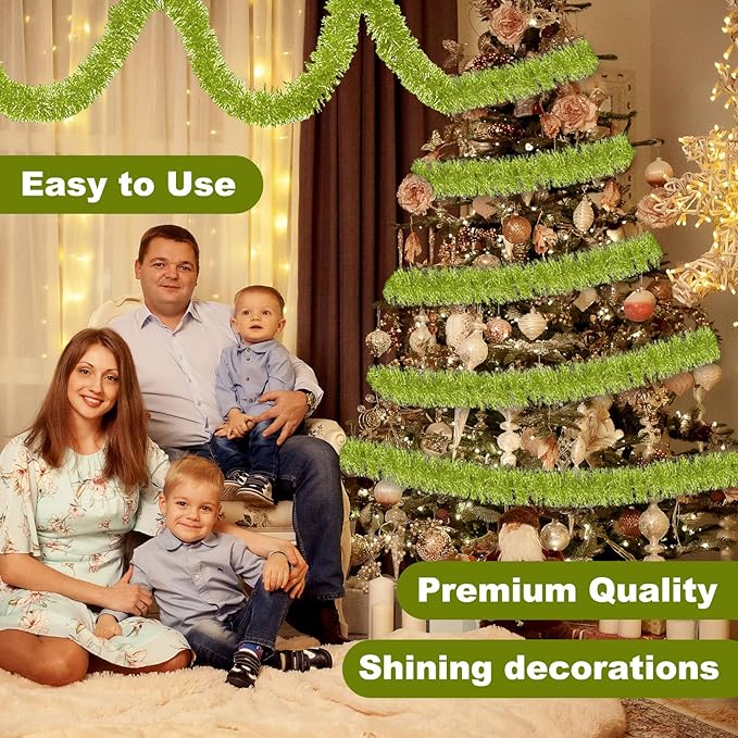 25 Feet Light Green Christmas Tinsel Garland, Metallic Foil Twist Banner Wall Hanging Tinsel Streamers Backdrop for Parade Floats, Christmas, Mother's Day, Birthday Party Decorations(4in x 25ft)