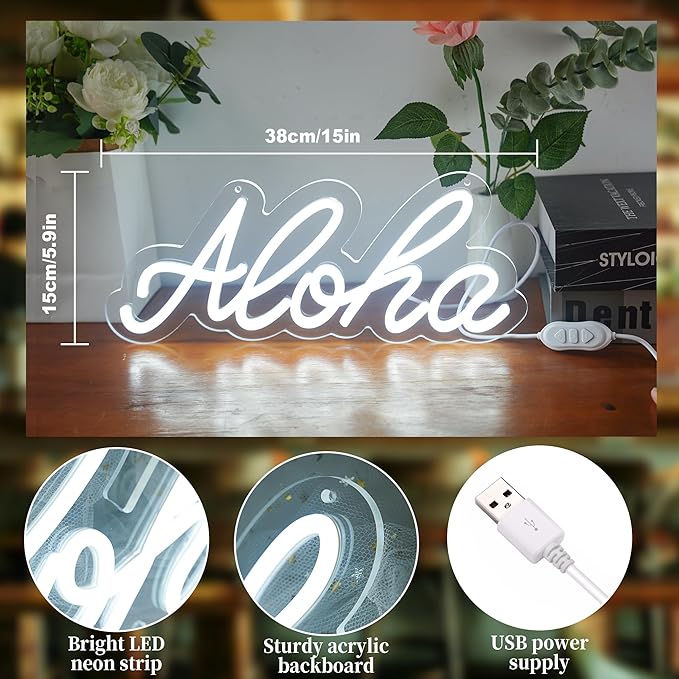 Aloha Neon Light Aloha Cold White Neon Sign for Wall Decor, 15"x5.9" LED Neon Art Decorative Lights with Dimmer Switch USB Operated for Home, Bar Club Wedding and Party Decor, Christmas, Birthday Gift