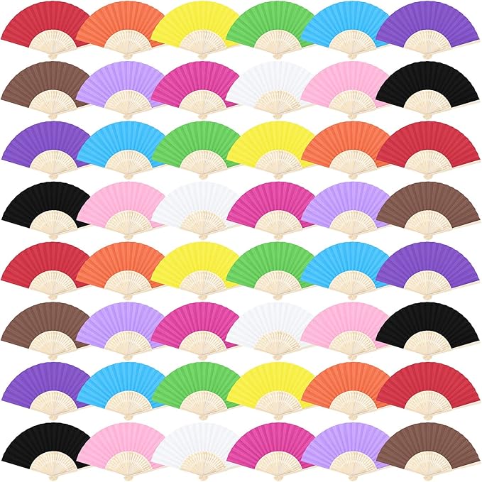 Aneco 48 Pieces Handheld Paper Fans Paper Folding Fans with Bamboos for Wedding Gift, Party, Home, DIY, Multicolor