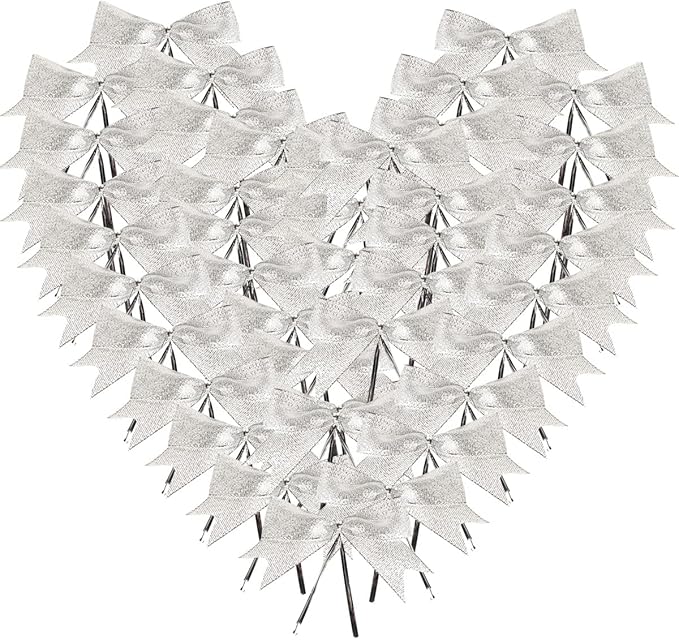 50pcs 3-1/2" Silver Twist Ties Metallic Silver Bows with Twist Tie Bows Fish Tail Cuttiog(Silver.)