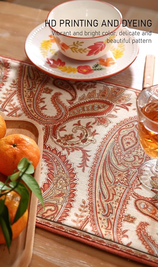 ISAENNE Designer Elegant Red Linen Table Runner 102 Inches Long,Vintage Paisley Pattern Durable Table Runners for Dining Tables,Thanksgiving,Kitchen Tables,Christmas,12"*102"-Chauffrey A