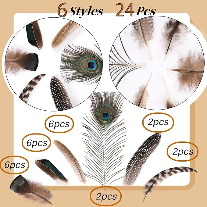 Holmgren 24pcs Natural Feathers Bulk - 6 Styles Assorted Peacock, Pheasant, Turkey Feathers for Craft DIY Jewelry Hat Wedding Home Party Decoration