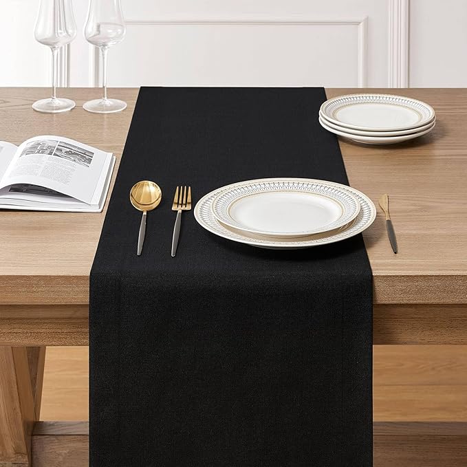 ZeeMart Linen Textured Border Table Runner, 14 x 60 Inch Black, Farmhouse Style Black Table Runners 60 Inches Long, Easy Care Everyday Polyester Table Runner
