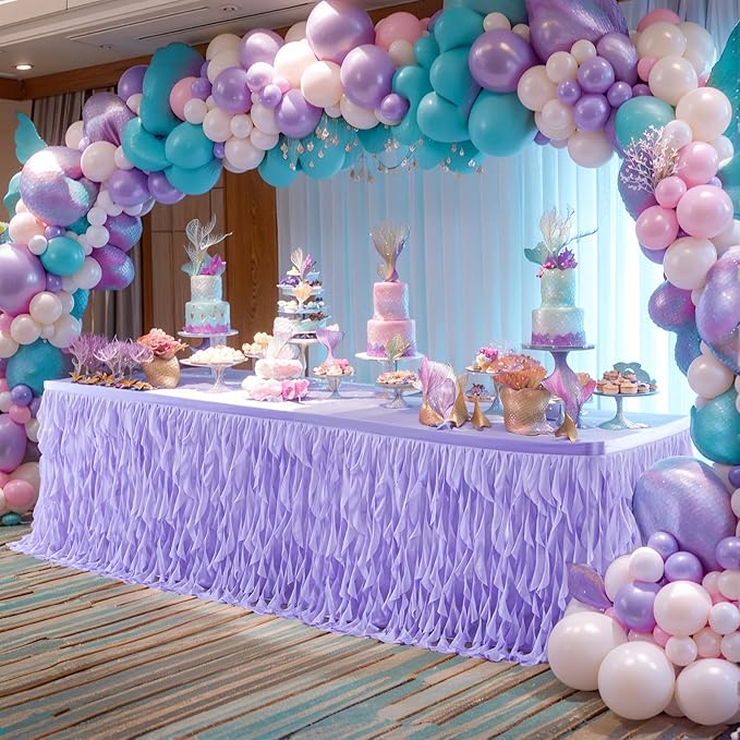 PARTISKY Lavender Purple Tulle Curly Willow Table Skirt for Rectangle Table 17ft, Ruffle Tutu Table Cloth for Girls Boys Baby Shower,Mermaid Birthday Party