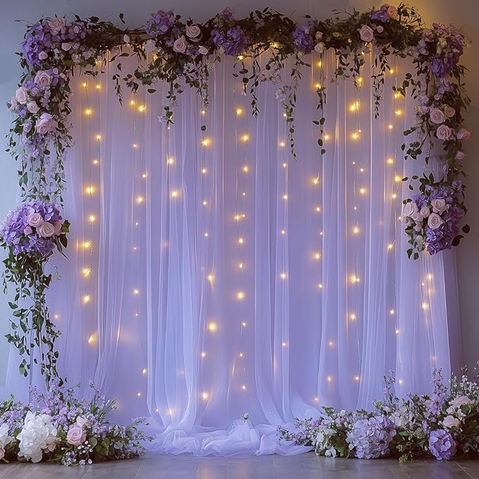Lavender Tulle Backdrop Curtain with Lights String - 10x8ft Sheer Backdrop with 250 LEDs for Wedding, Baby Shower, Bridal Shower, Birthday Party Photo Shoot Background and Home Decorations